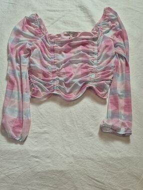 BCBGeneration Pink and Light Blue Ruched Long Sleeve Crop Top